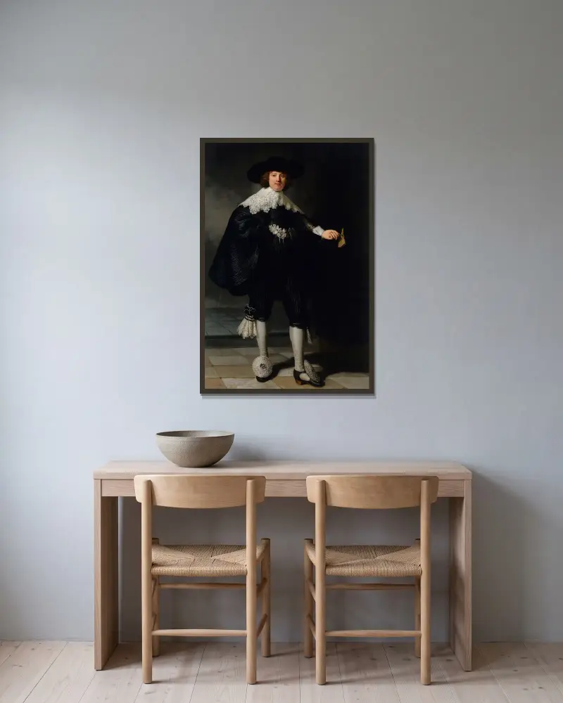 Marten Soolmans av Rembrandt van Rijn inramad på en vägg