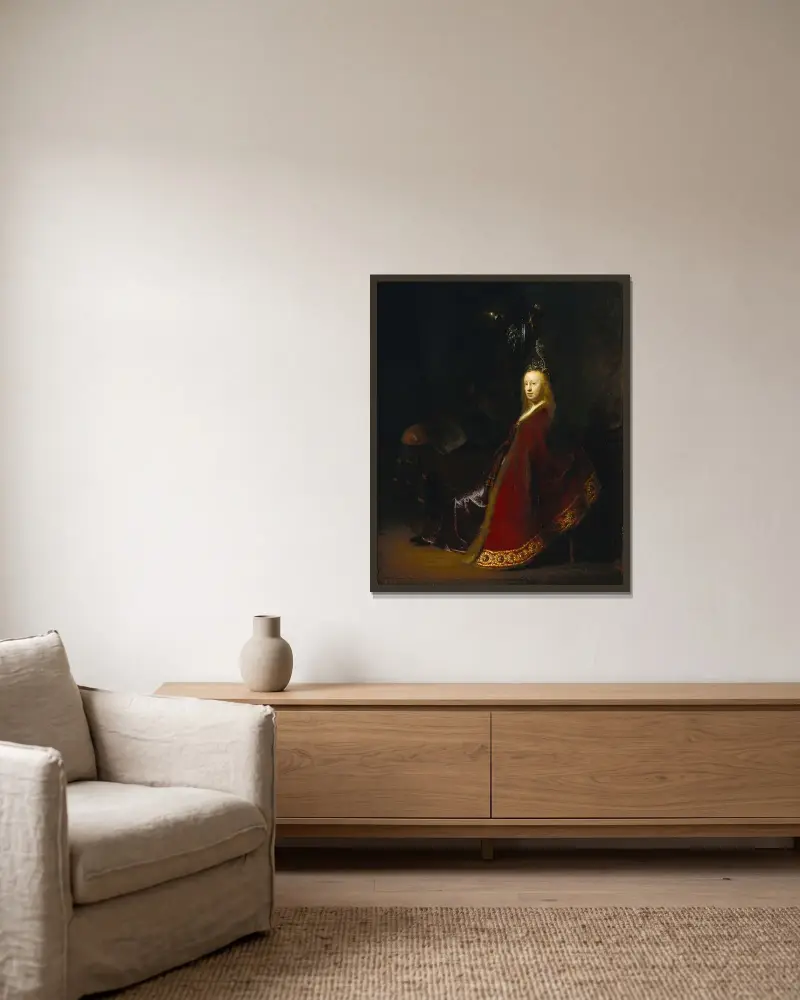 Minerva, 1631 av Rembrandt van Rijn inramad på en vägg