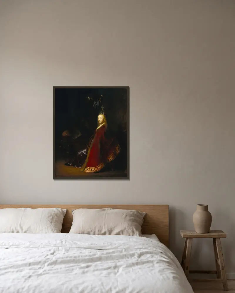 Minerva, 1631 av Rembrandt van Rijn inramad på en vägg