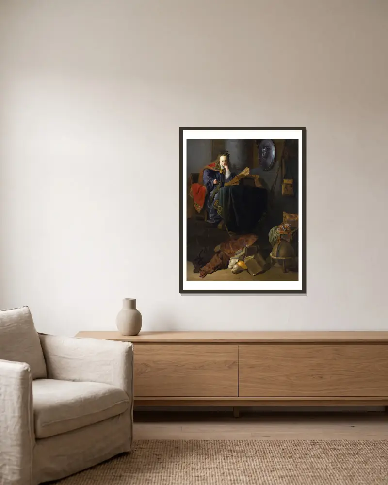 Minerva, 1630 av Rembrandt van Rijn inramad på en vägg
