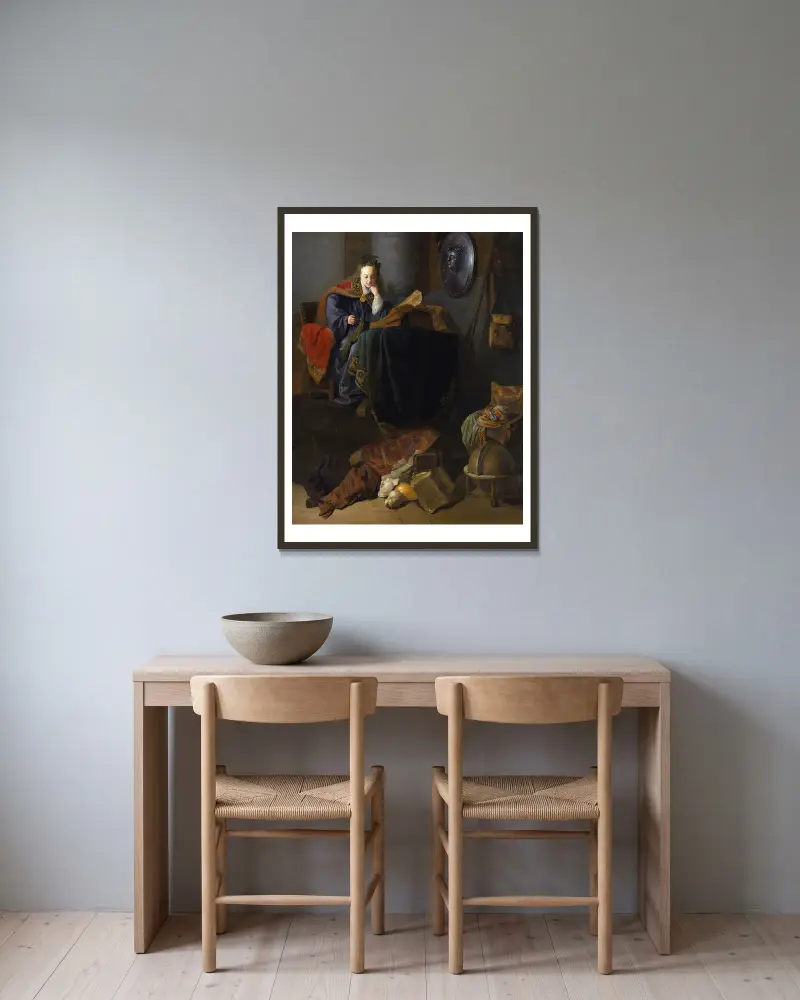Minerva, 1630 av Rembrandt van Rijn inramad på en vägg