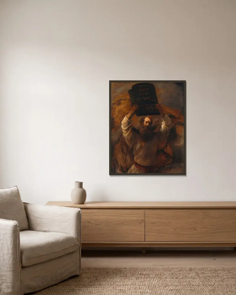 Mose krossar lagtavlorna av Rembrandt van Rijn inramad på en vägg