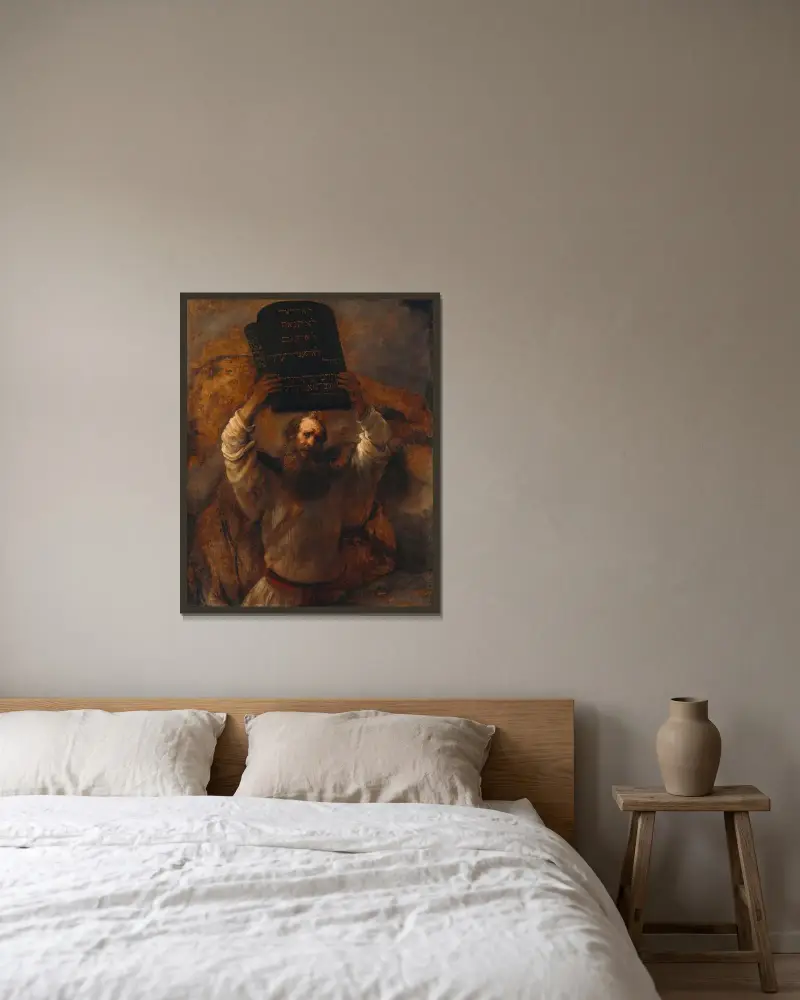 Mose krossar lagtavlorna av Rembrandt van Rijn inramad på en vägg