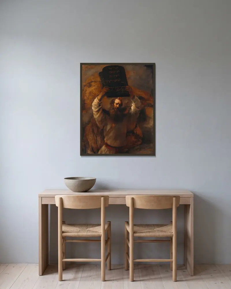 Mose krossar lagtavlorna av Rembrandt van Rijn inramad på en vägg