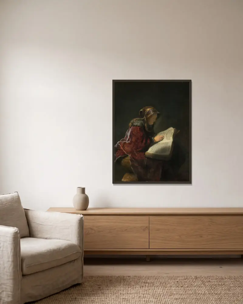 Stařenka čtoucí, Rembrandt van Rijn v rámu na stěně