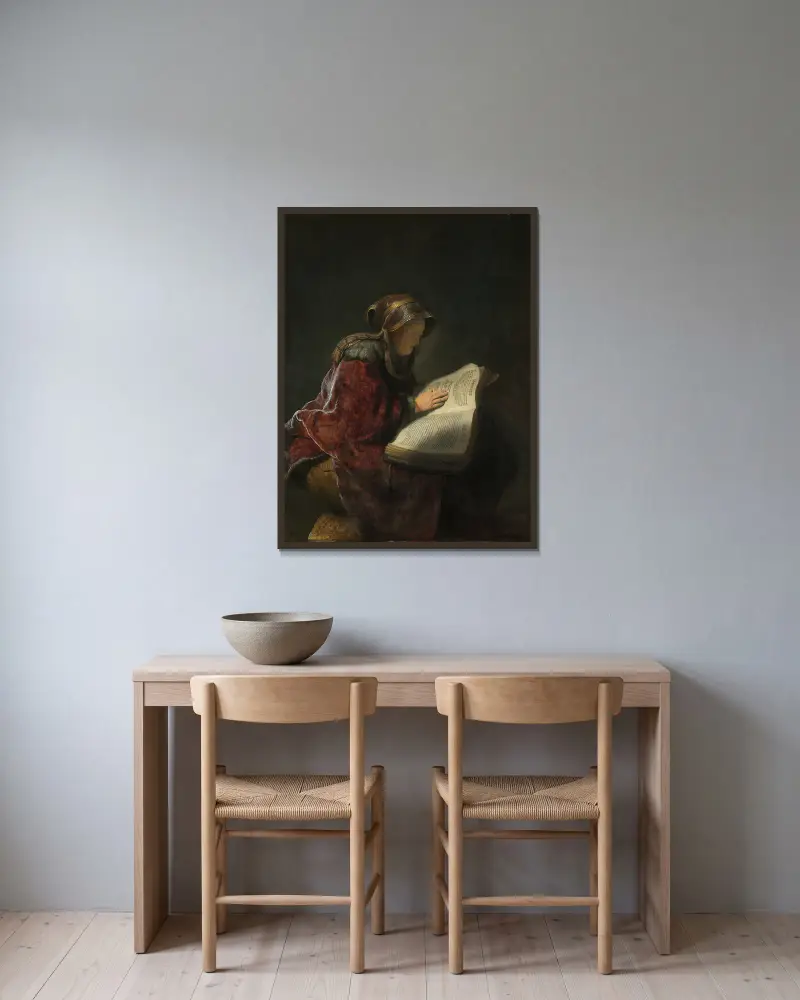 Stařenka čtoucí, Rembrandt van Rijn v rámu na stěně