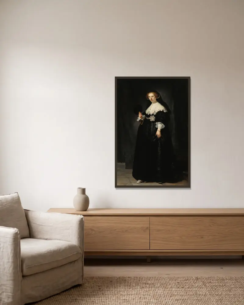 Oopjen Coppit av Rembrandt van Rijn inramad på en vägg