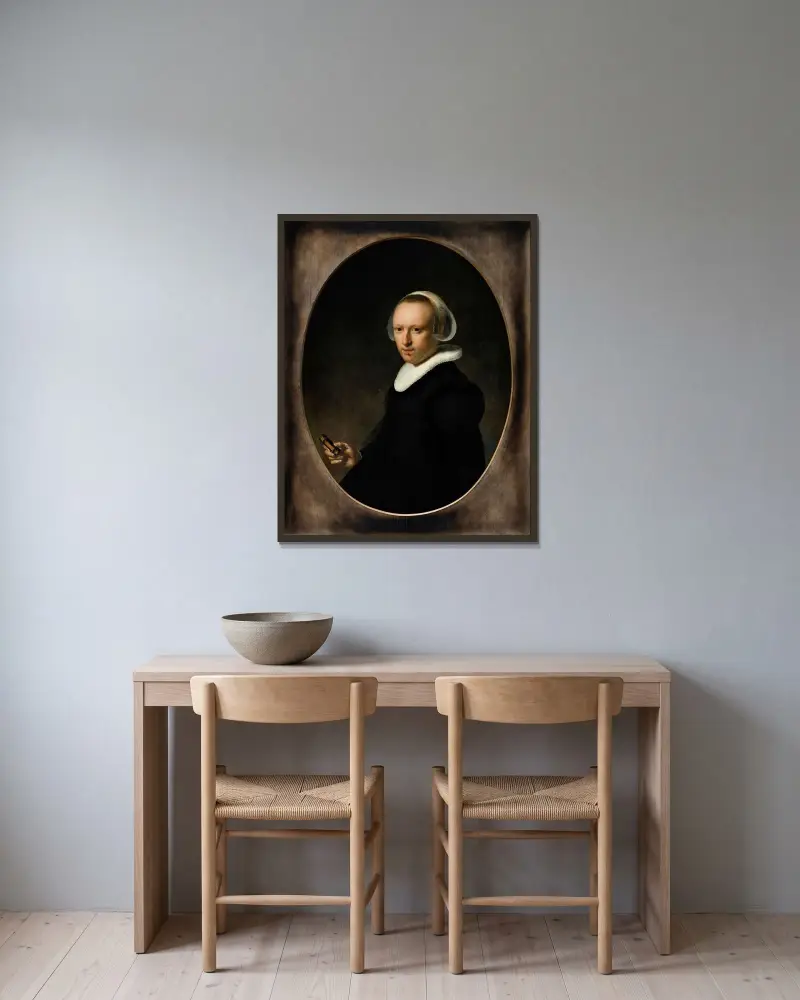 Porträtt av en 39-årig kvinna av Rembrandt van Rijn inramad på en vägg