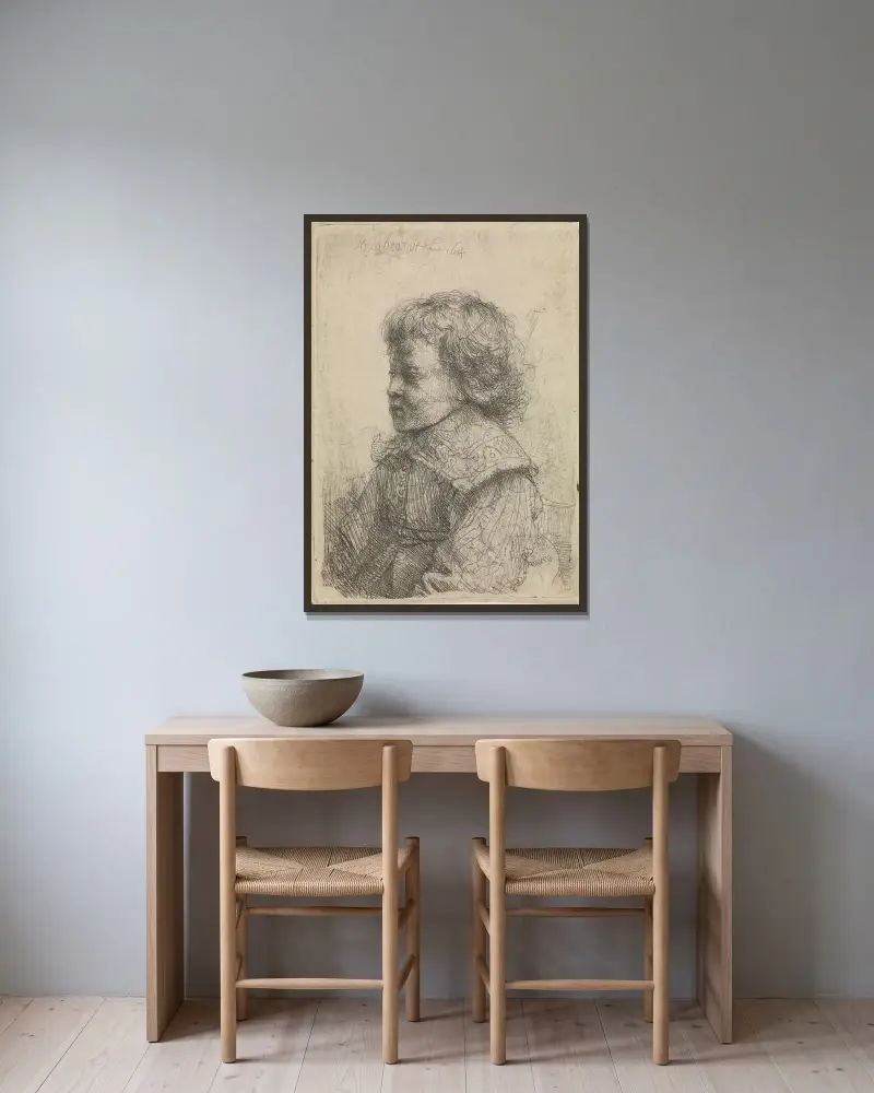 Bildnis eines Jungen im Profil von Rembrandt van Rijn gerahmt an einer Wand