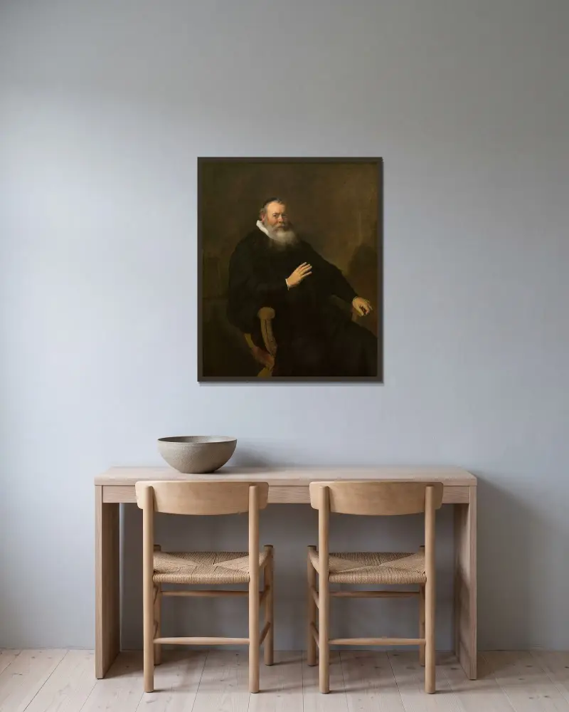 Porträt eines Geistlichen von Rembrandt van Rijn gerahmt an einer Wand