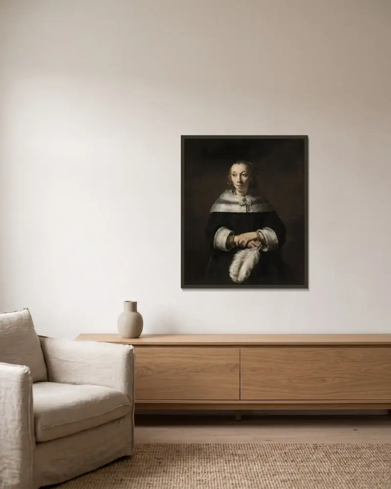 Porträtt av en dam med strutsfjäderfläkt av Rembrandt van Rijn inramad på en vägg