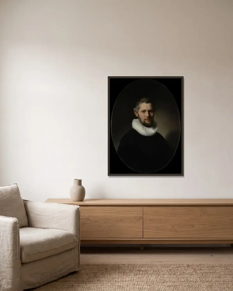 Porträtt av en man, 1632 – nr 2 av Rembrandt van Rijn inramad på en vägg