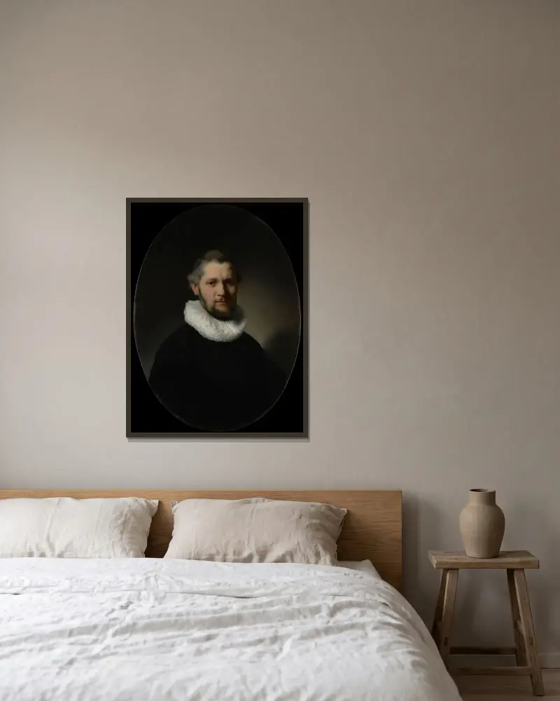 Porträtt av en man, 1632 – nr 2 av Rembrandt van Rijn inramad på en vägg