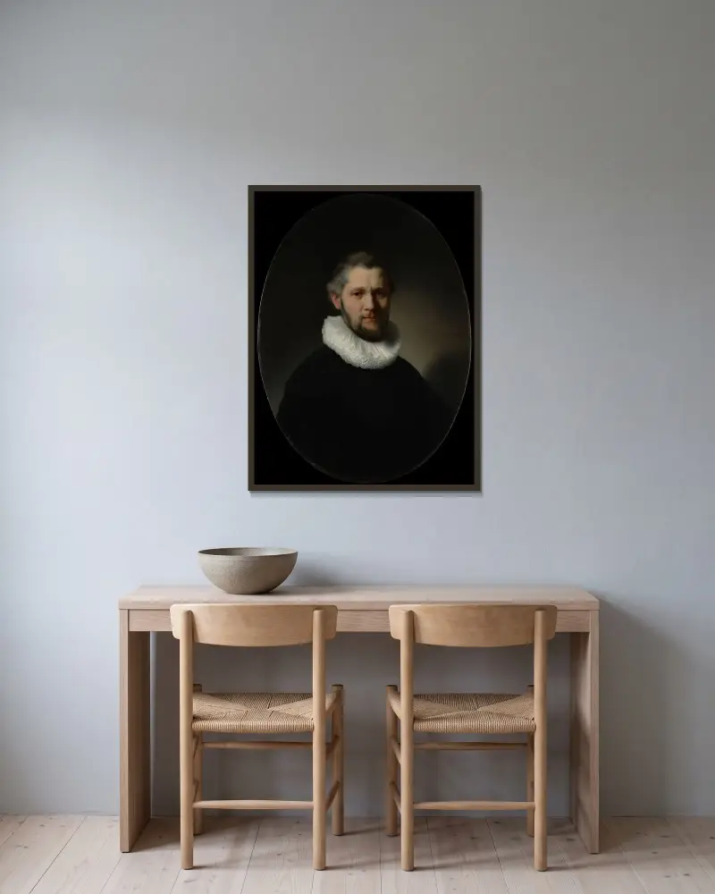 Porträtt av en man, 1632 – nr 2 av Rembrandt van Rijn inramad på en vägg