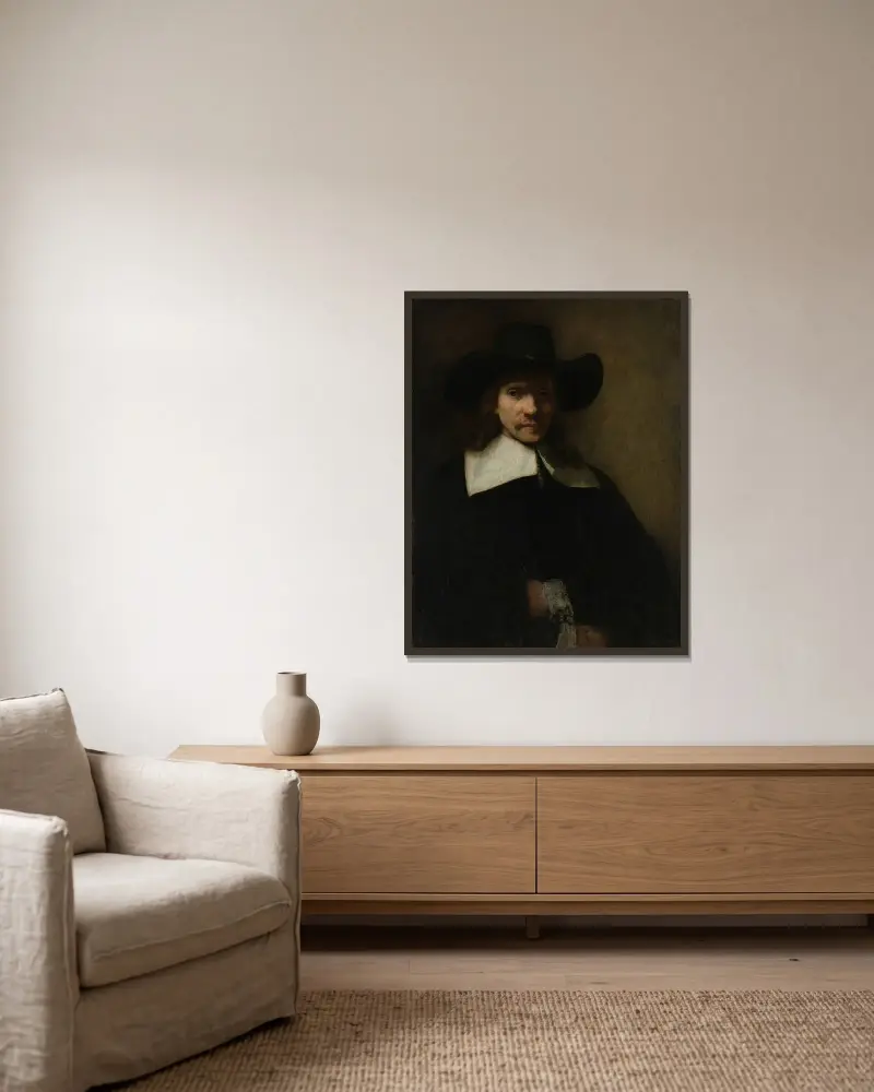 Porträtt av en man, 1655 av Rembrandt van Rijn inramad på en vägg