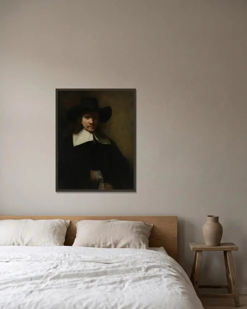 Porträtt av en man, 1655 av Rembrandt van Rijn inramad på en vägg