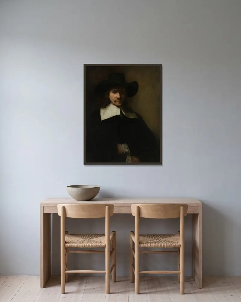Porträtt av en man, 1655 av Rembrandt van Rijn inramad på en vägg