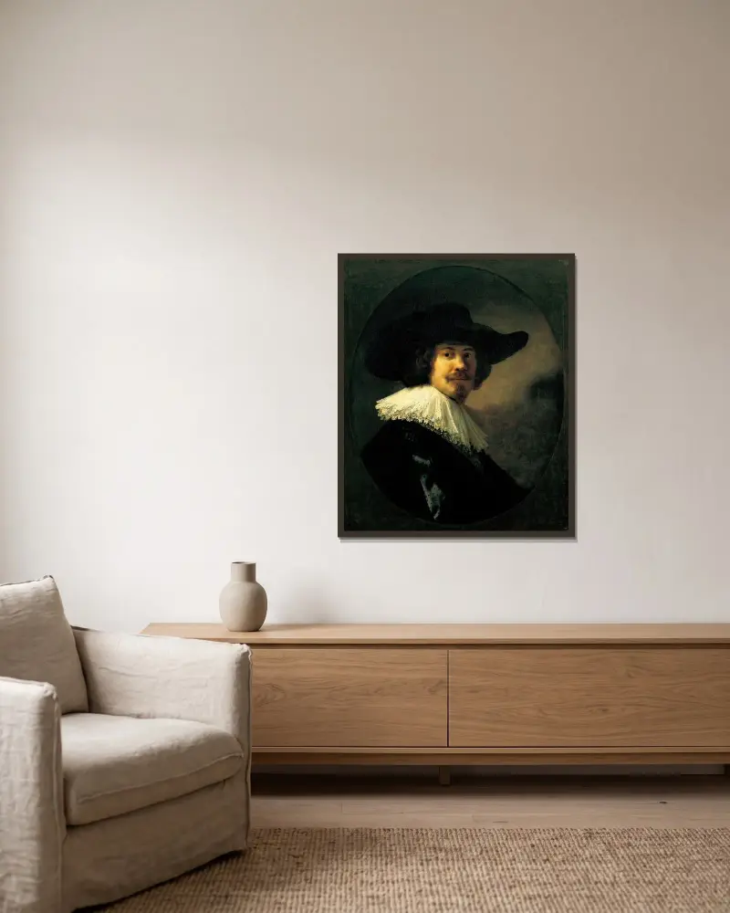 Portret mężczyzny w szerokim kapeluszu, Rembrandt van Rijn w ramie na ścianie