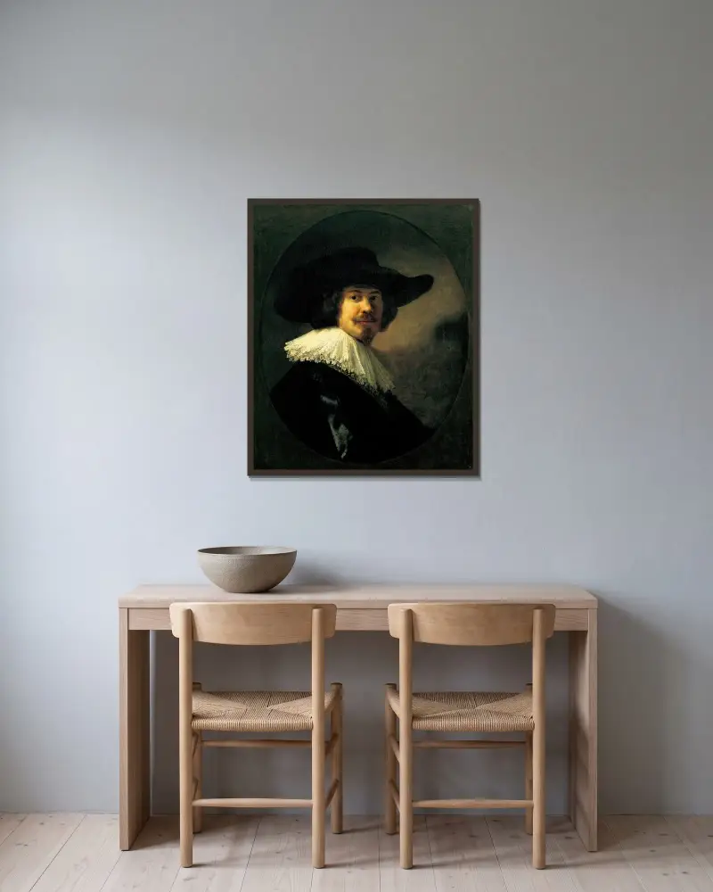 Portret mężczyzny w szerokim kapeluszu, Rembrandt van Rijn w ramie na ścianie