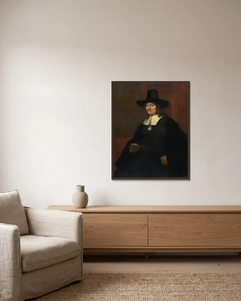 Porträtt av en man i hög hatt av Rembrandt van Rijn inramad på en vägg