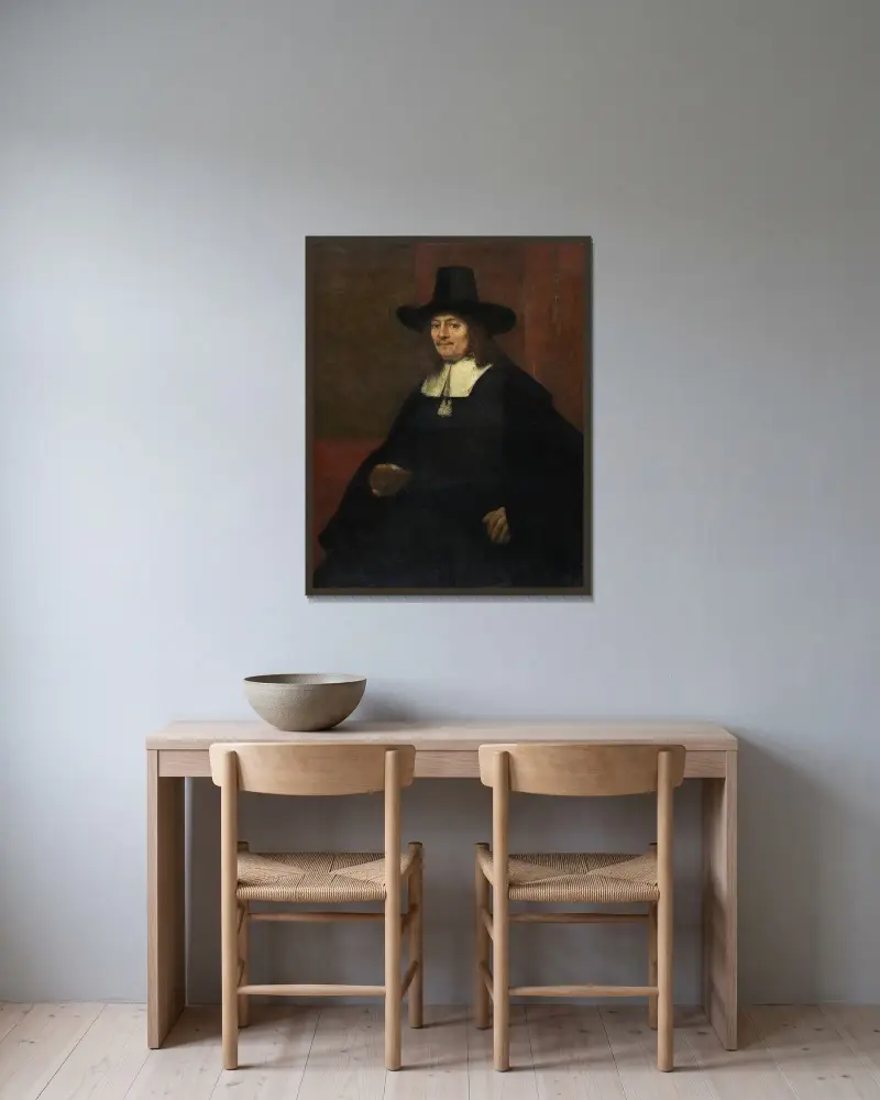 Porträtt av en man i hög hatt av Rembrandt van Rijn inramad på en vägg