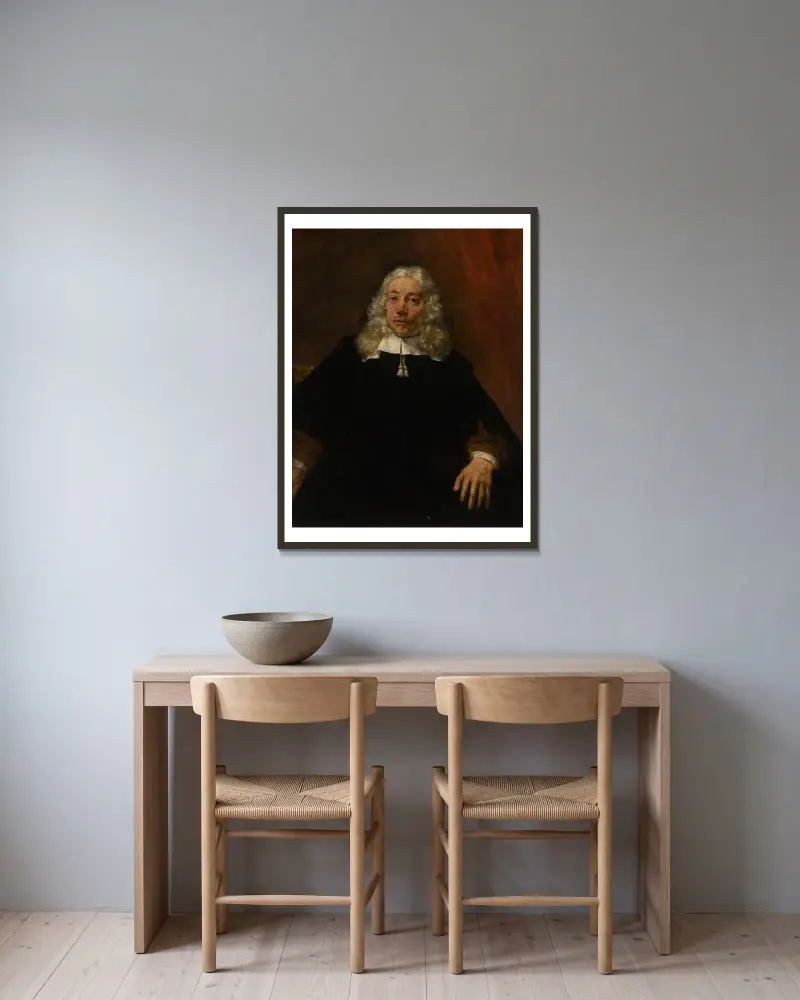 Portrait of a white-haired man av Rembrandt van Rijn inramad på en vägg