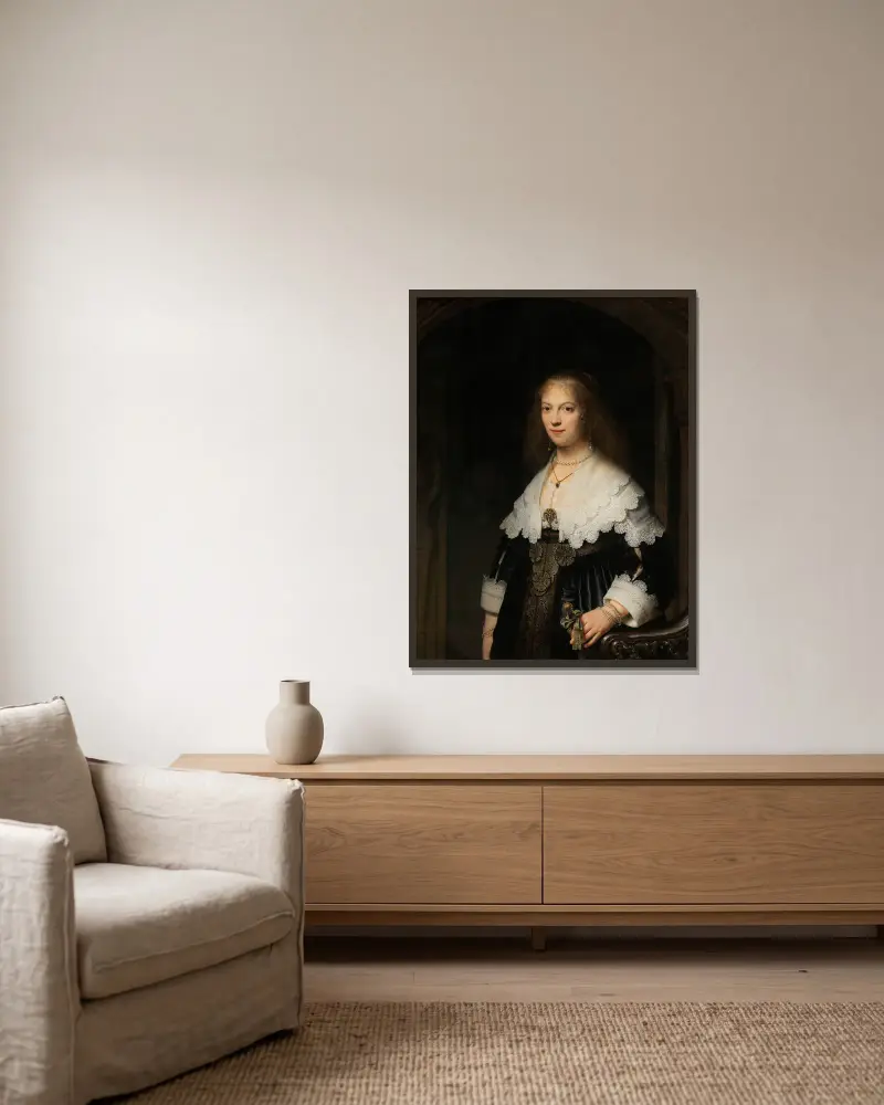 Portrait of a Woman, Possibly Maria Trip av Rembrandt van Rijn inramad på en vägg