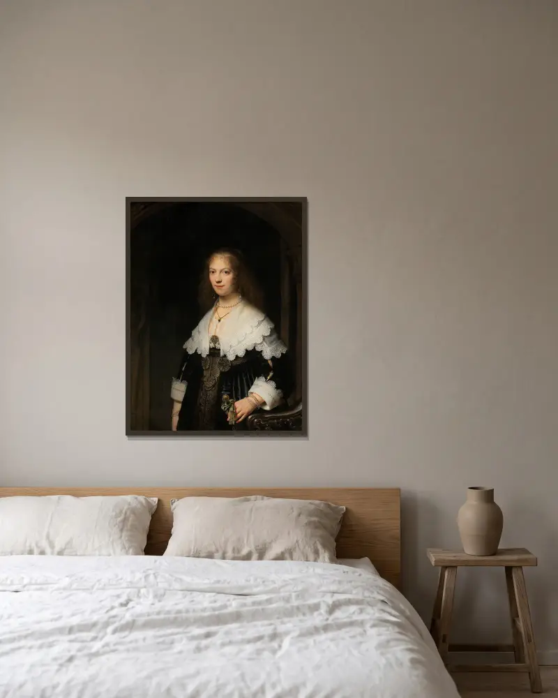 Portrait of a Woman, Possibly Maria Trip av Rembrandt van Rijn inramad på en vägg