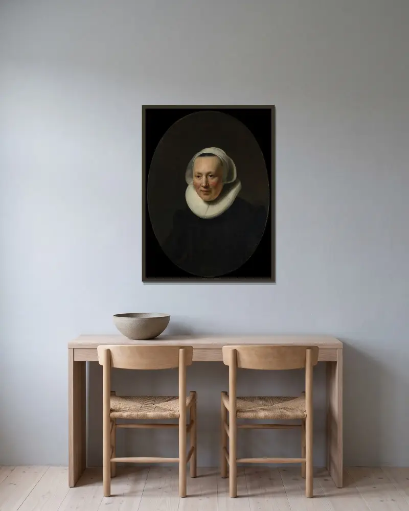 Porträtt av en kvinna, 1633 av Rembrandt van Rijn inramad på en vägg