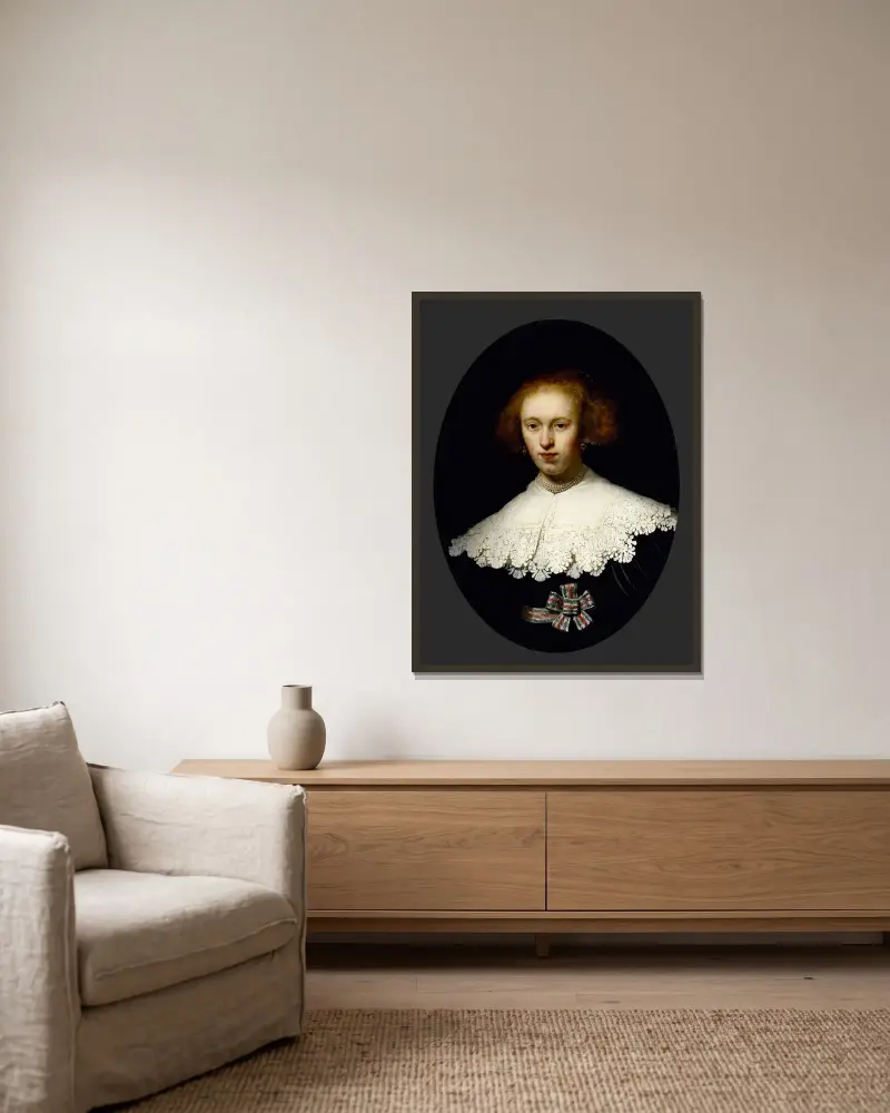 Portrait of a Young Woman av Rembrandt van Rijn inramad på en vägg