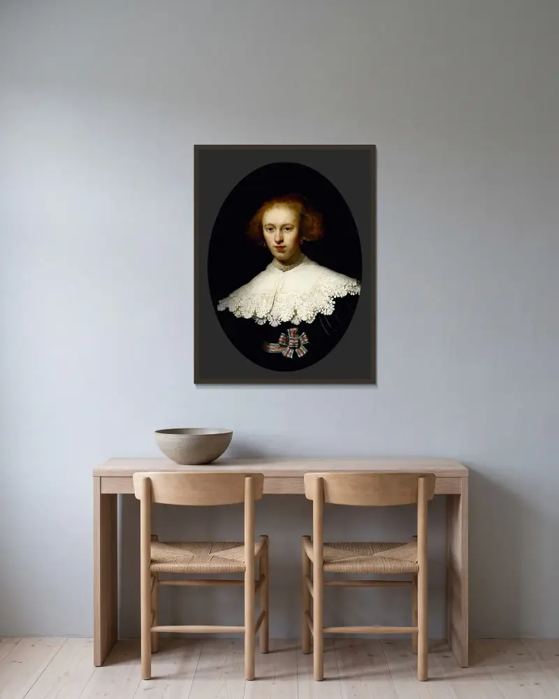 Portrait of a Young Woman av Rembrandt van Rijn inramad på en vägg