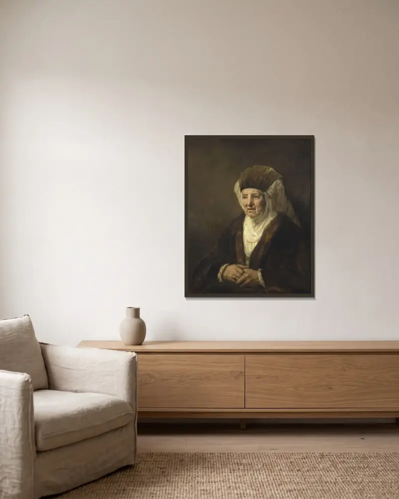 Porträtt av en gammal kvinna av Rembrandt van Rijn inramad på en vägg