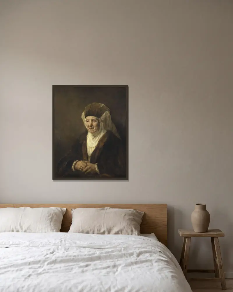 Porträtt av en gammal kvinna av Rembrandt van Rijn inramad på en vägg
