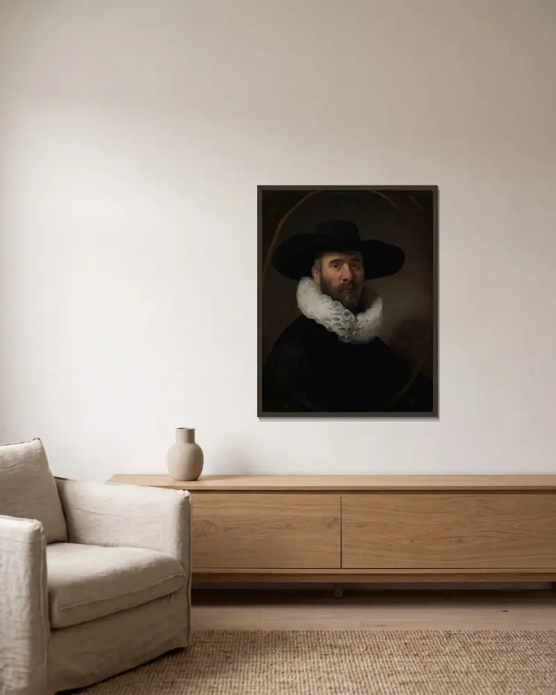 Porträtt av Dirck Jansz. Pesser av Rembrandt van Rijn inramad på en vägg