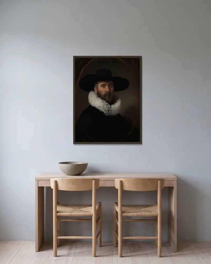 Porträtt av Dirck Jansz. Pesser av Rembrandt van Rijn inramad på en vägg