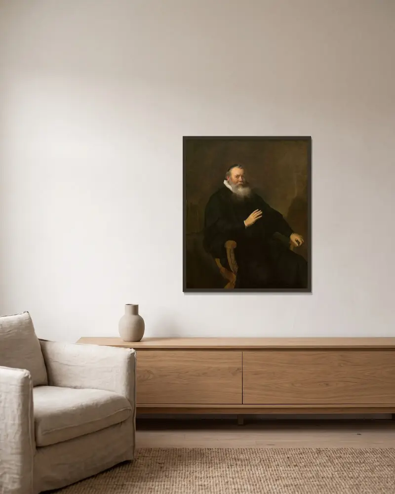 Portrait of Eleazar Swalmius av Rembrandt van Rijn inramad på en vägg