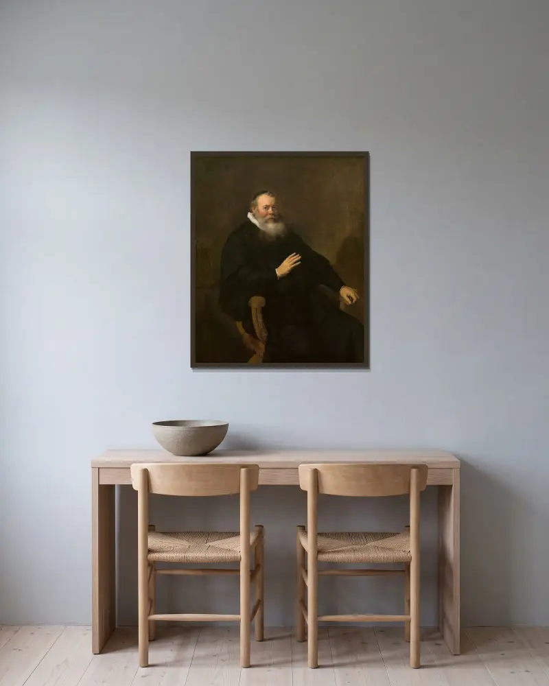 Portrait of Eleazar Swalmius av Rembrandt van Rijn inramad på en vägg