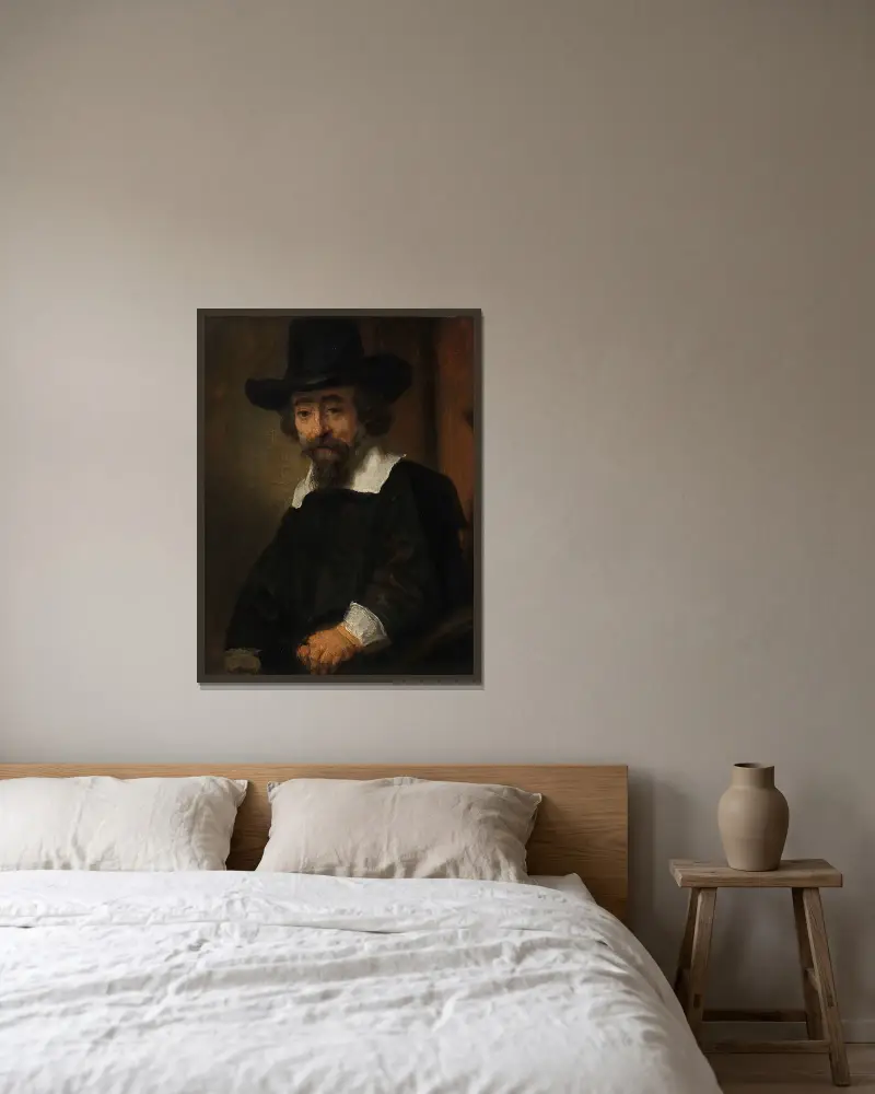Portrait of Ephraim Bueno av Rembrandt van Rijn inramad på en vägg