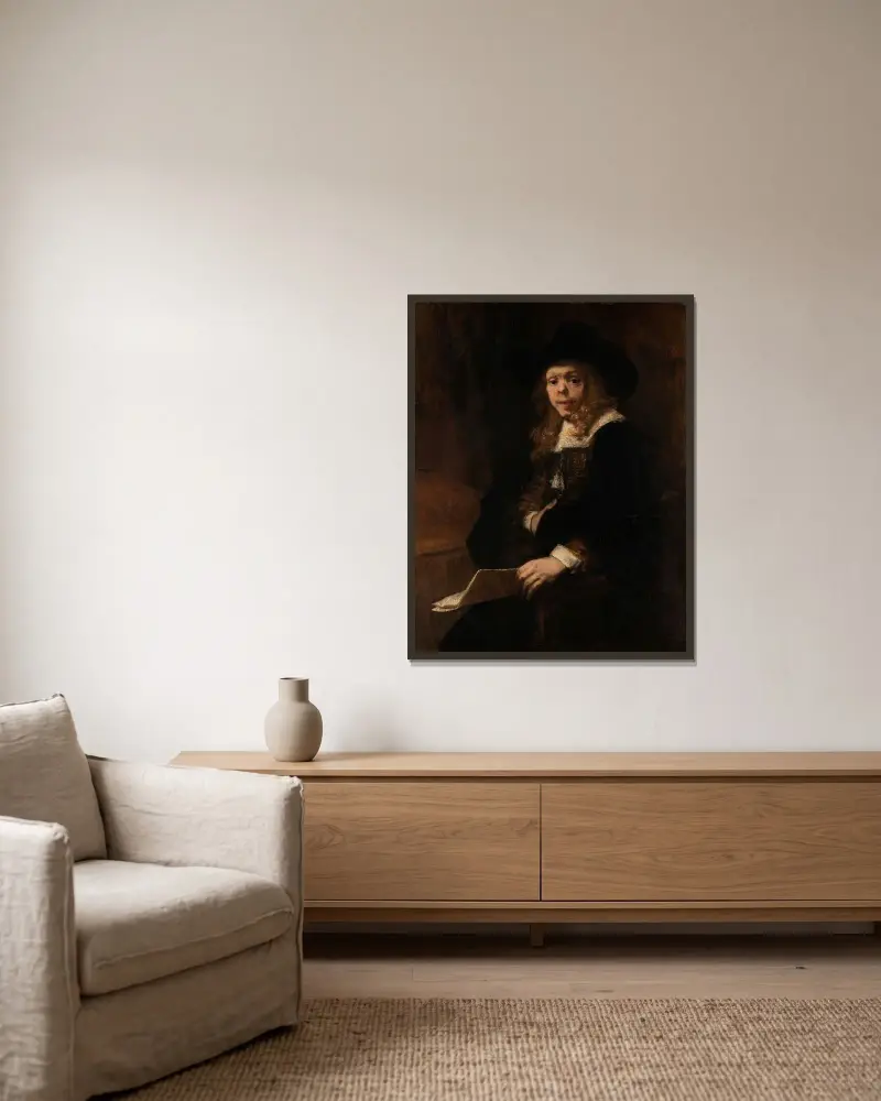Porträtt av Gerard de Lairesse av Rembrandt van Rijn inramad på en vägg