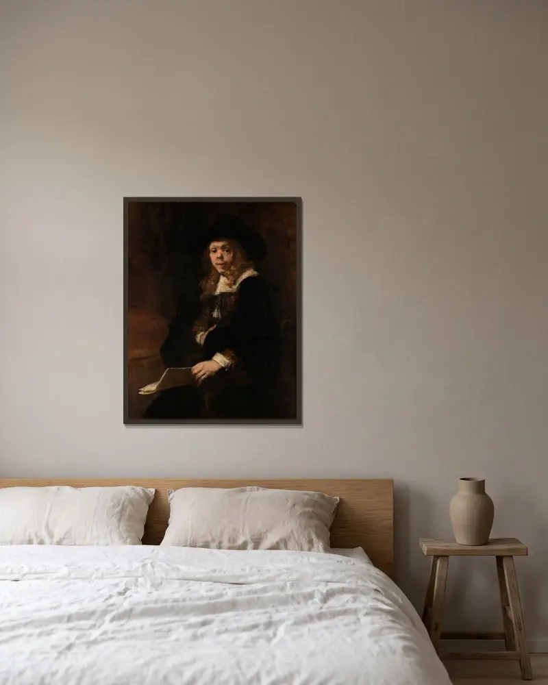 Porträtt av Gerard de Lairesse av Rembrandt van Rijn inramad på en vägg
