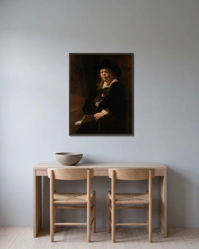Porträtt av Gerard de Lairesse av Rembrandt van Rijn inramad på en vägg