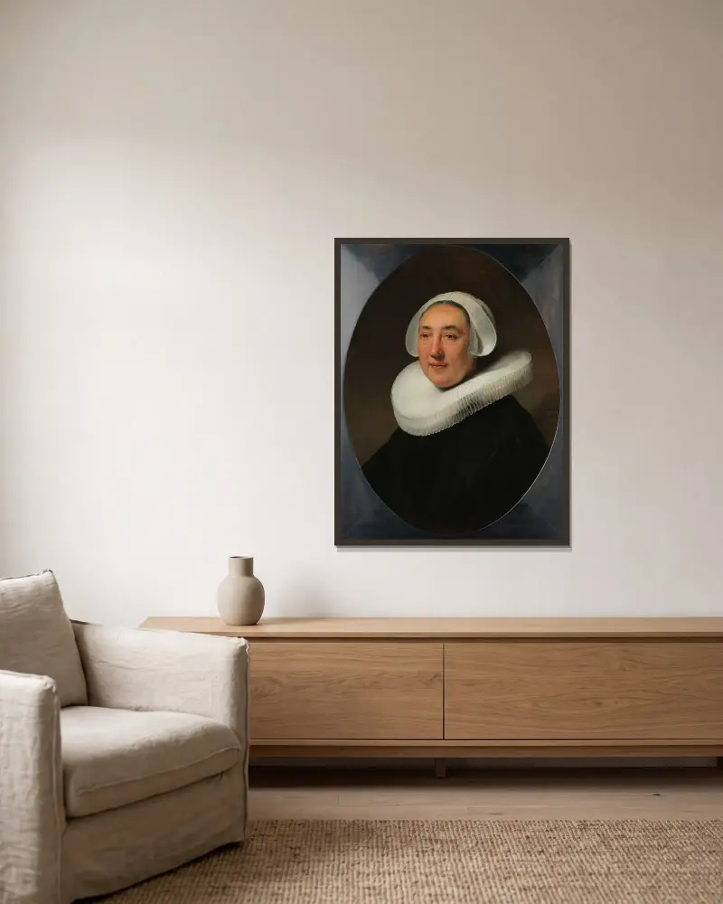 Porträtt av Haesje Jacobsdr van Cleyburg av Rembrandt van Rijn inramad på en vägg