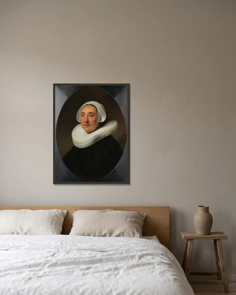 Porträtt av Haesje Jacobsdr van Cleyburg av Rembrandt van Rijn inramad på en vägg