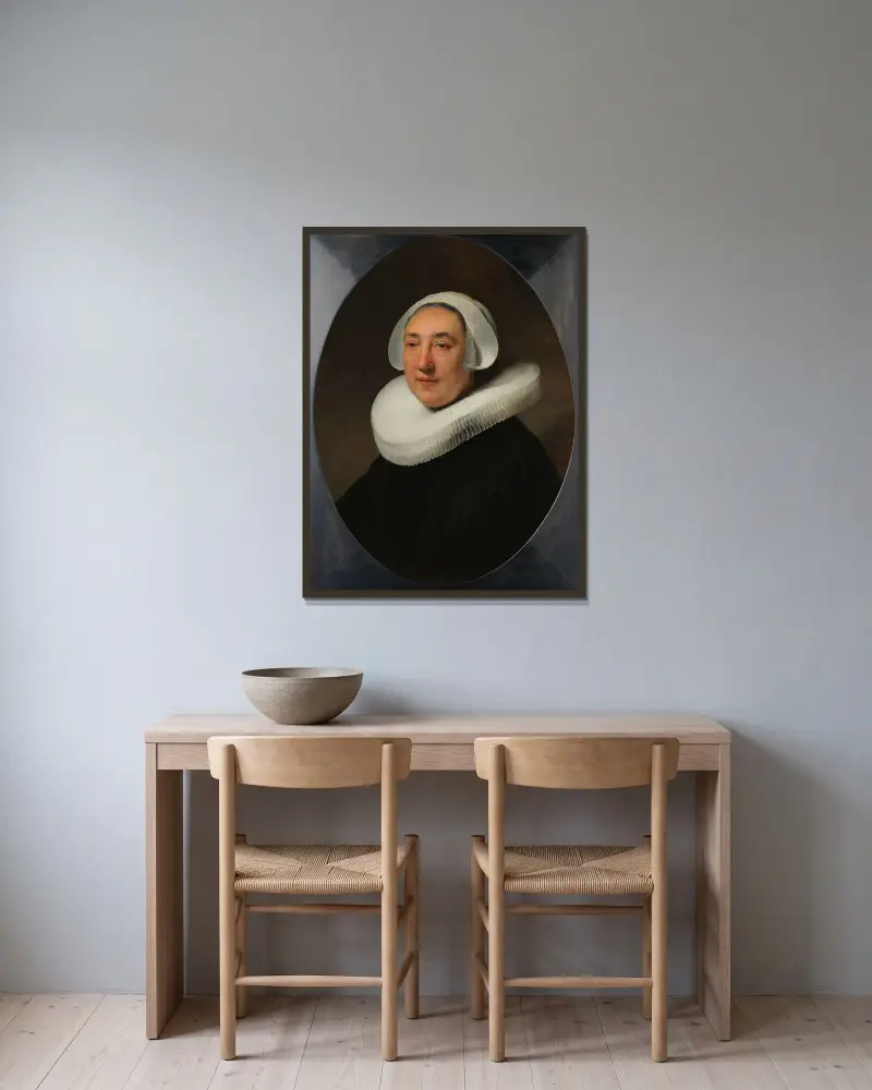 Porträtt av Haesje Jacobsdr van Cleyburg av Rembrandt van Rijn inramad på en vägg