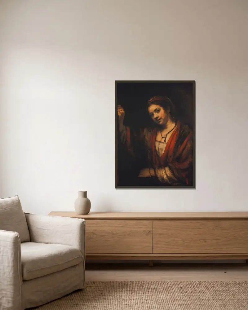 Porträtt av Hendrickje Stoffels av Rembrandt van Rijn inramad på en vägg