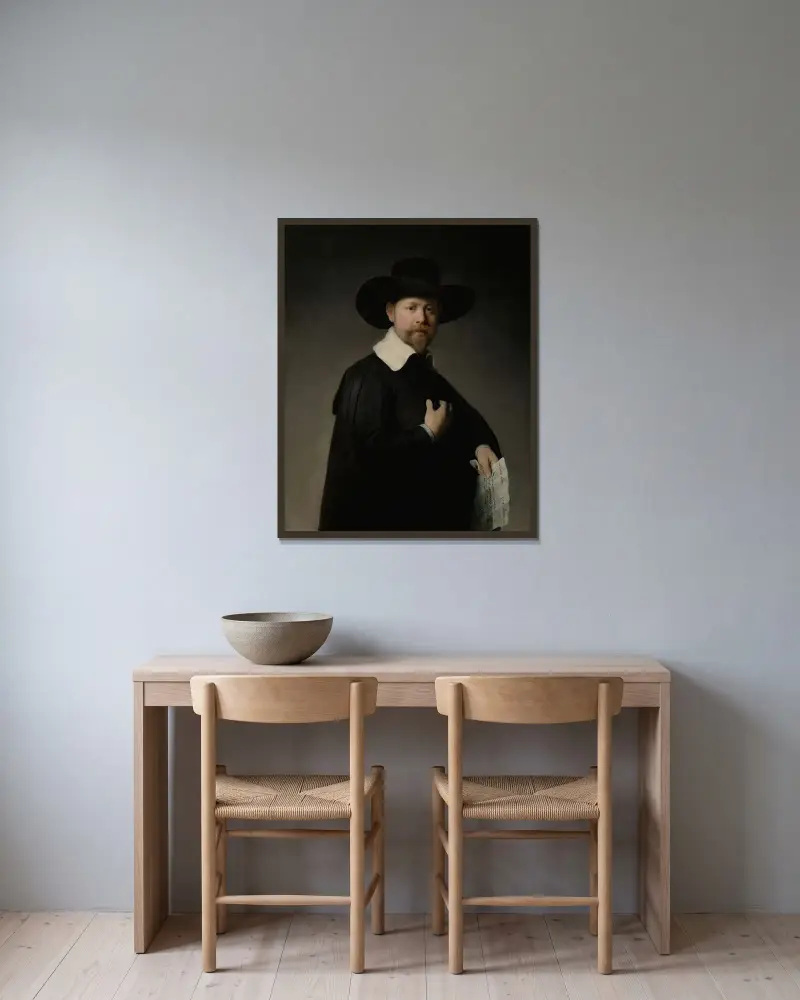 Porträt von Marten Looten von Rembrandt van Rijn gerahmt an einer Wand