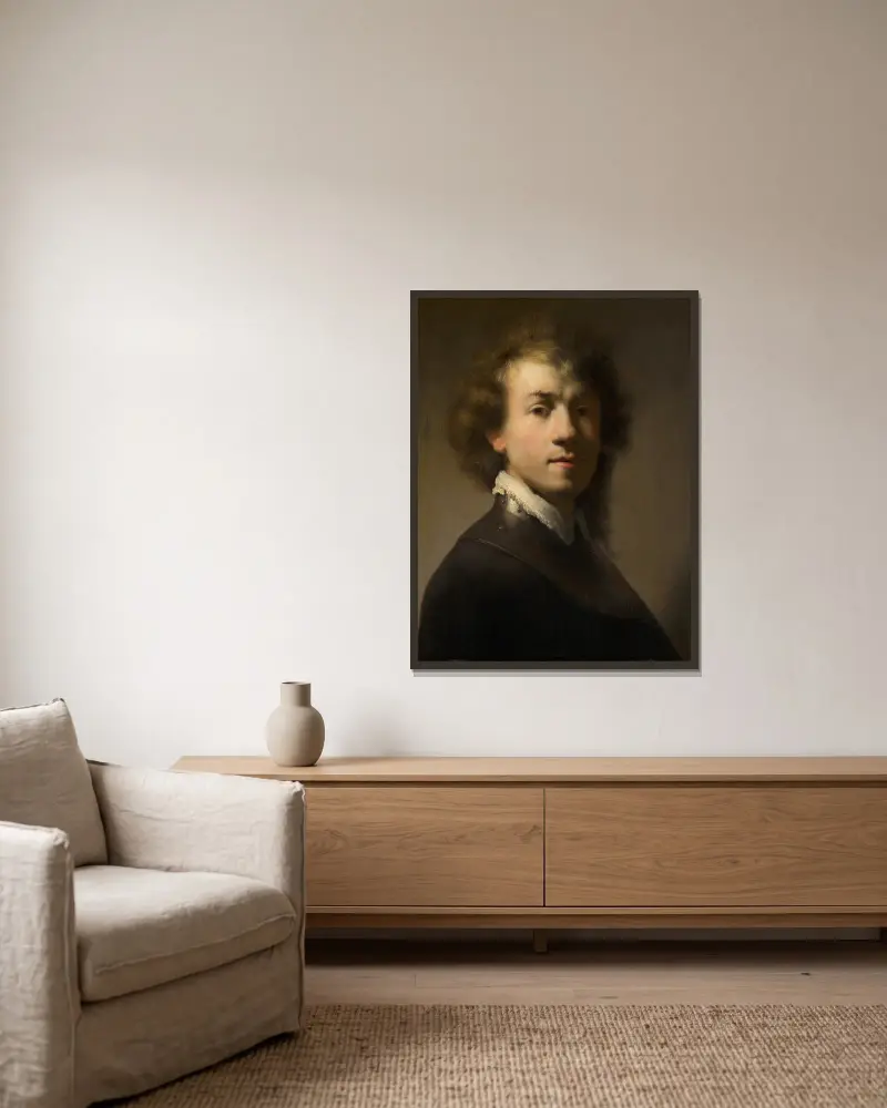 Portrait of Rembrandt with a Gorget av Rembrandt van Rijn inramad på en vägg