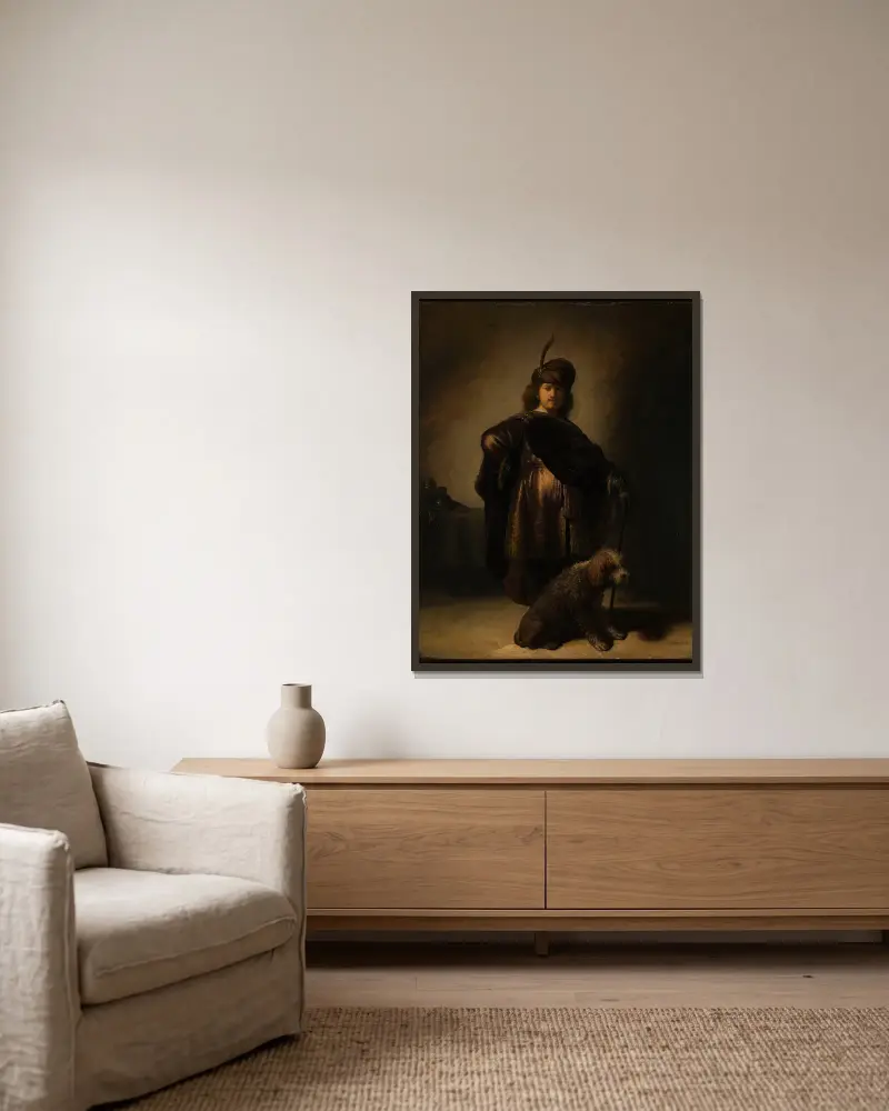 Selbstbildnis in orientalischer Kleidung von Rembrandt van Rijn gerahmt an einer Wand