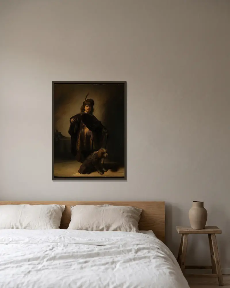 Selbstbildnis in orientalischer Kleidung von Rembrandt van Rijn gerahmt an einer Wand