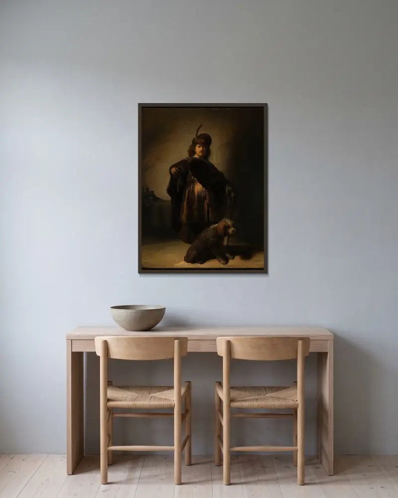 Selbstbildnis in orientalischer Kleidung von Rembrandt van Rijn gerahmt an einer Wand